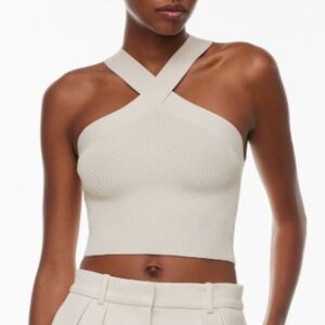Aritzia Cream Ribbed Cross-Front Crop Top